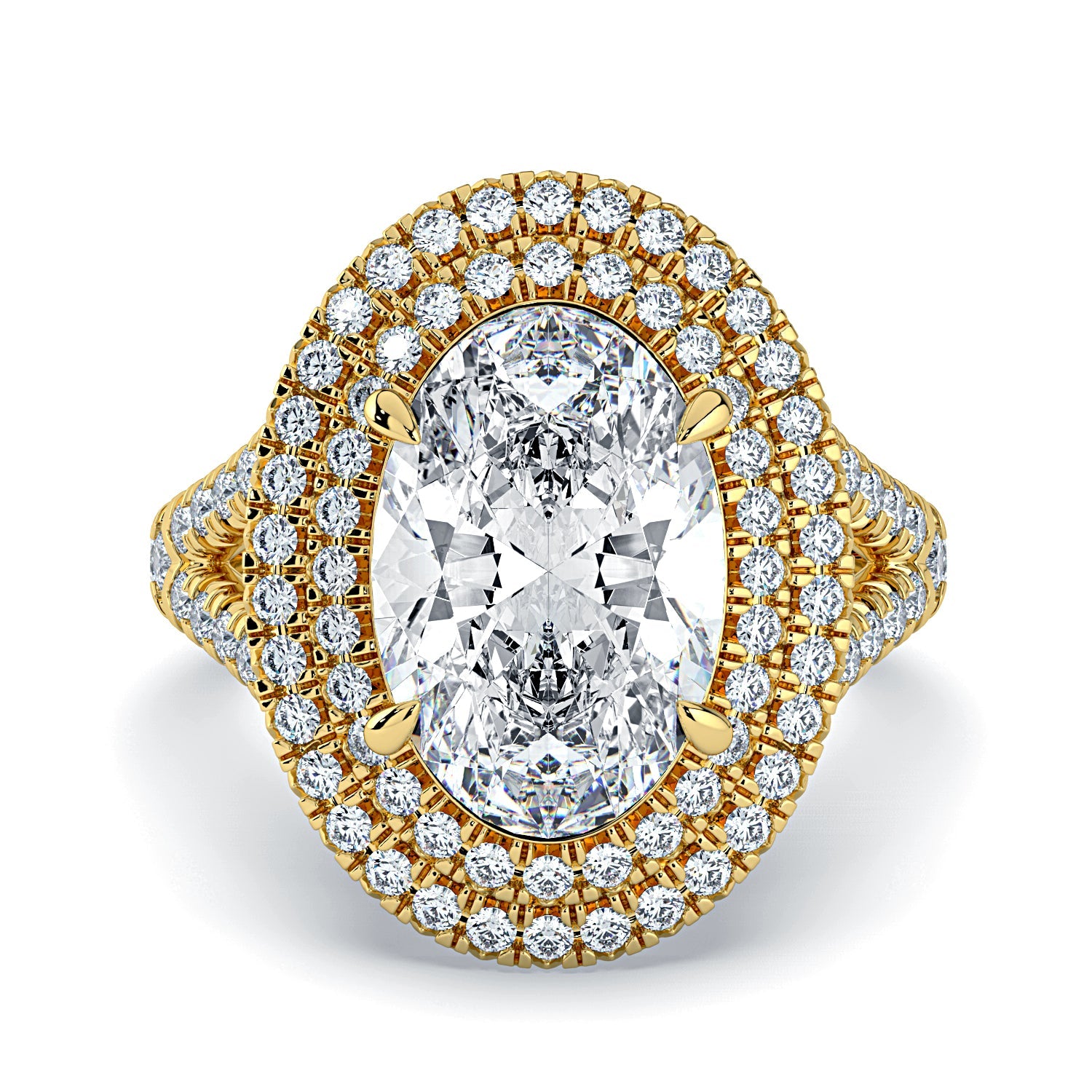 Oval Double Halo & Pavé Split Band Diamond Engagement Ring - Yellow