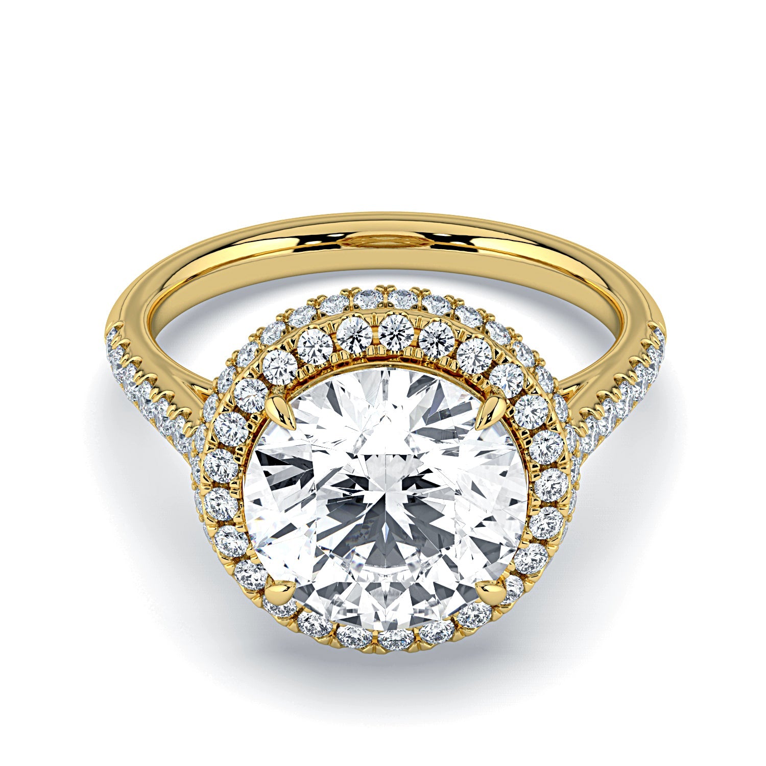 Round Double Halo & Pavé Diamond Engagement Ring - Yellow