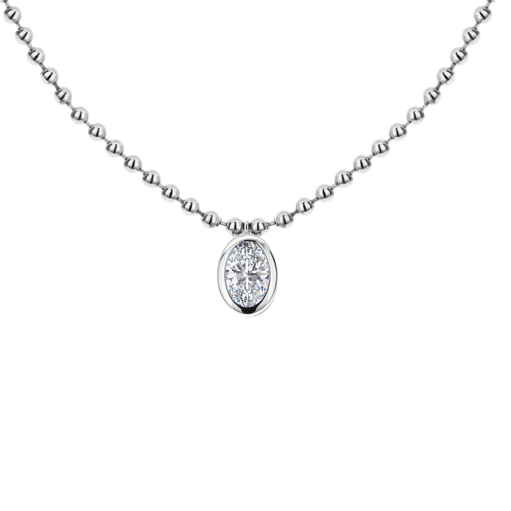 Bezel Set 1 Stone Oval Diamond Beaded Chain Necklace-White