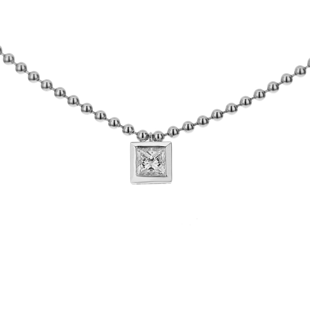 Bezel Set 1 Stone Princess Diamond Beaded Chain Necklace-White