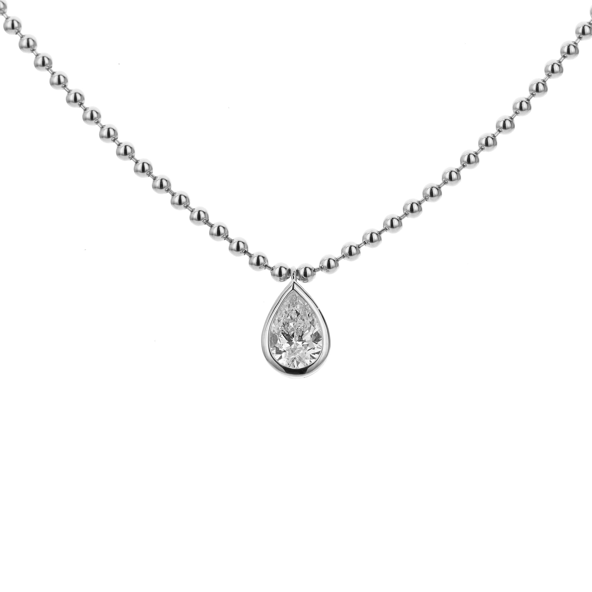 Bezel Set 1 Stone Pear Shape Diamond Breaded Chain Necklace-White
