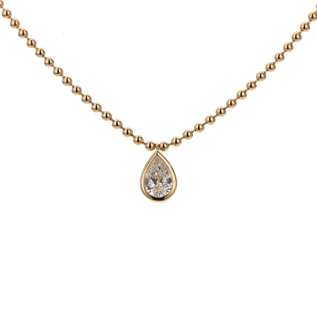 Bezel Set 1 Stone Pear Shape Diamond Breaded Chain Necklace-Yellow