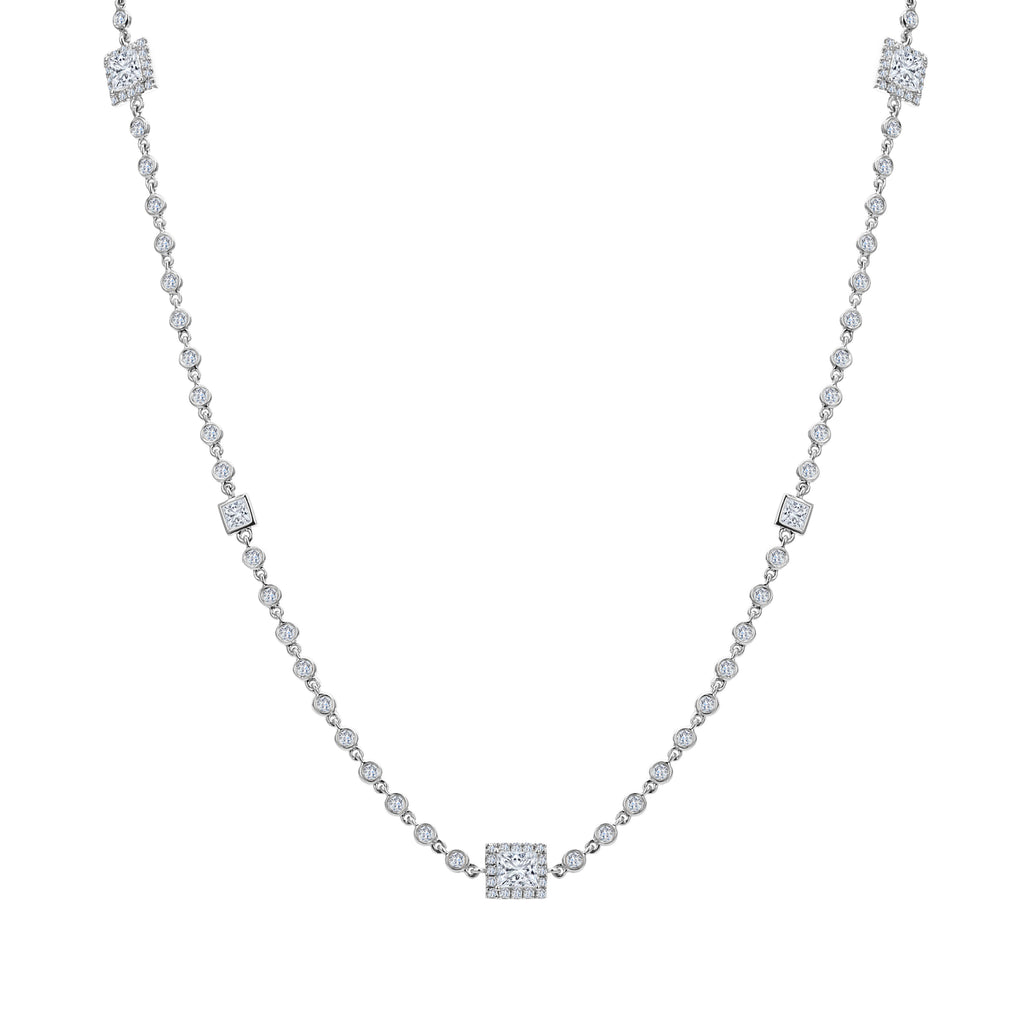 3-Stone Round Princess & Asscher Cut Diamond Necklace - White