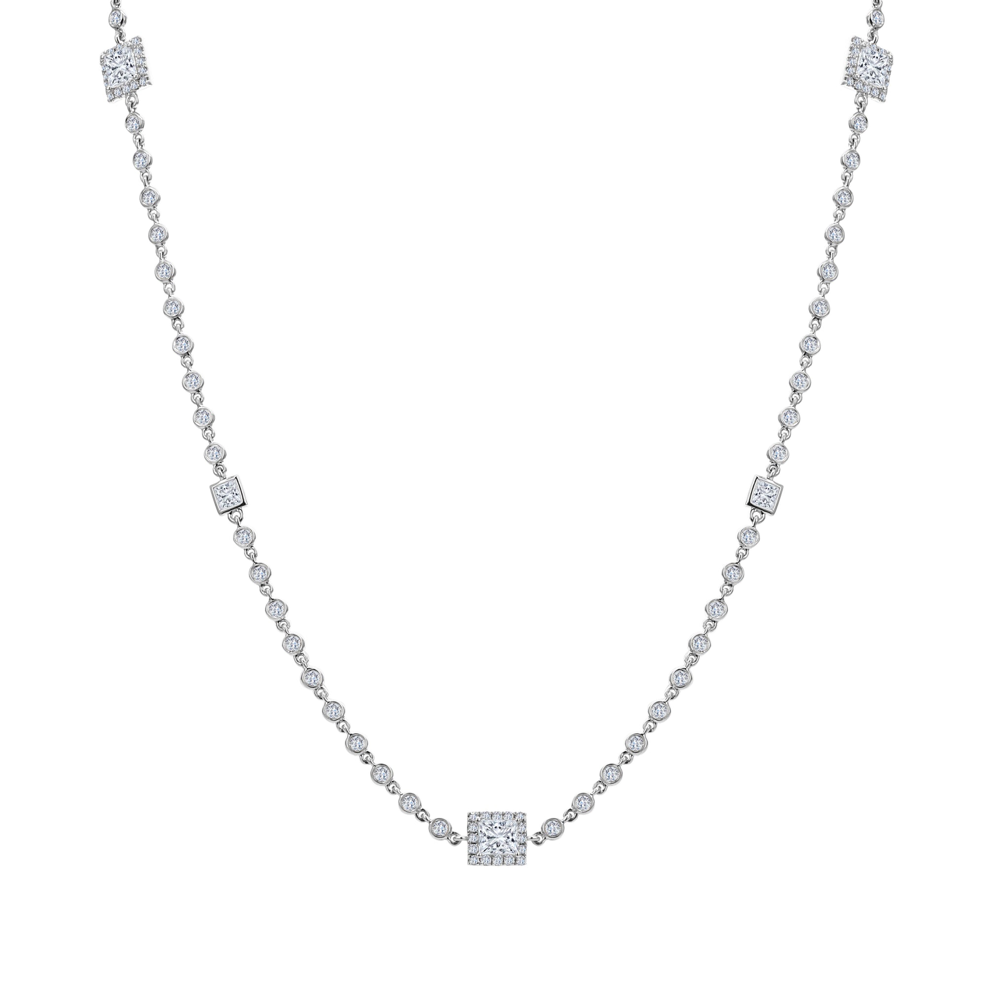 3-Stone Round Princess & Asscher Cut Diamond Necklace - White