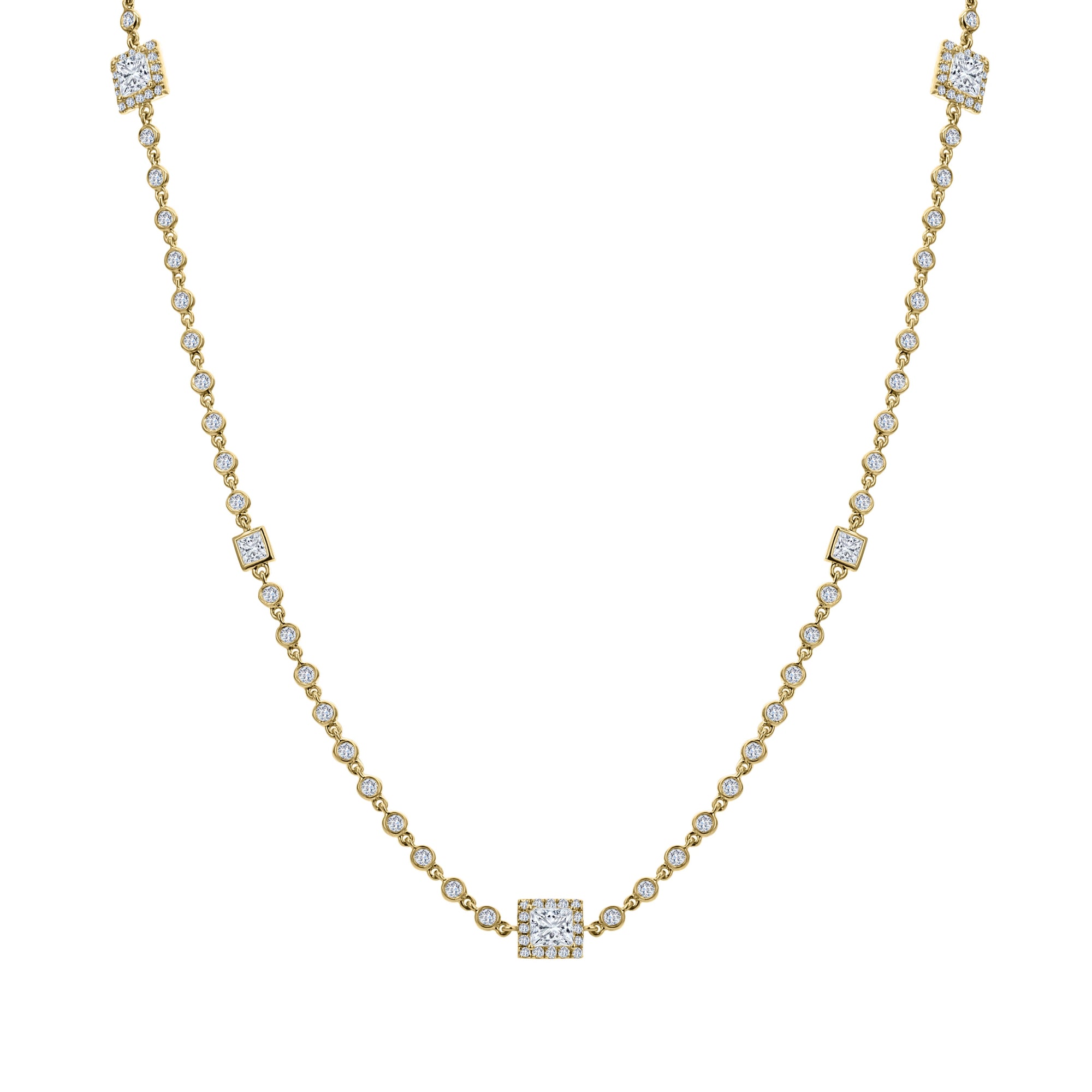 3-Stone Round Princess & Asscher Cut Diamond Necklace - Yellow
