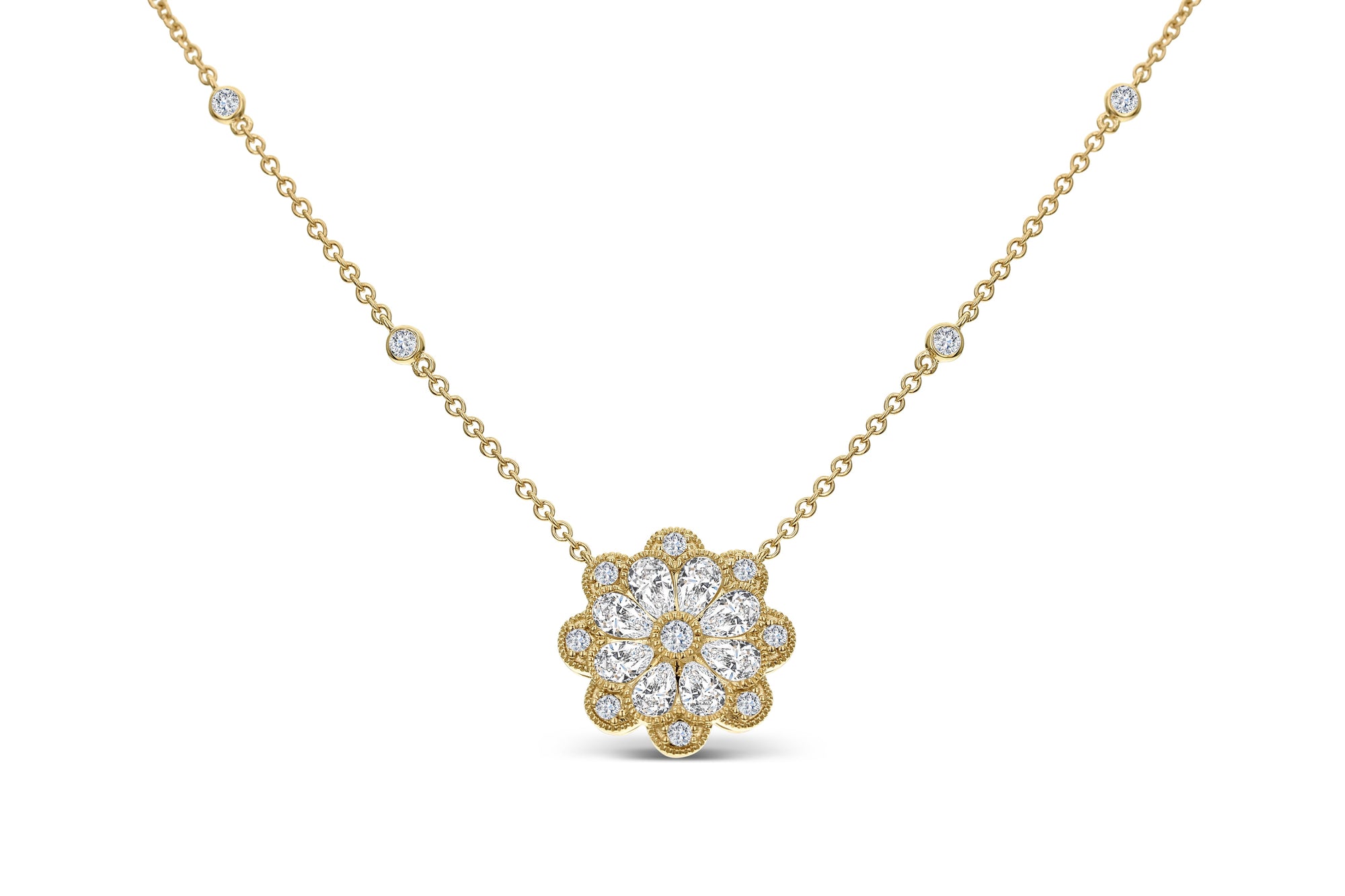 2-Stone Round & Pear Shape Diamond Necklace - Yellow