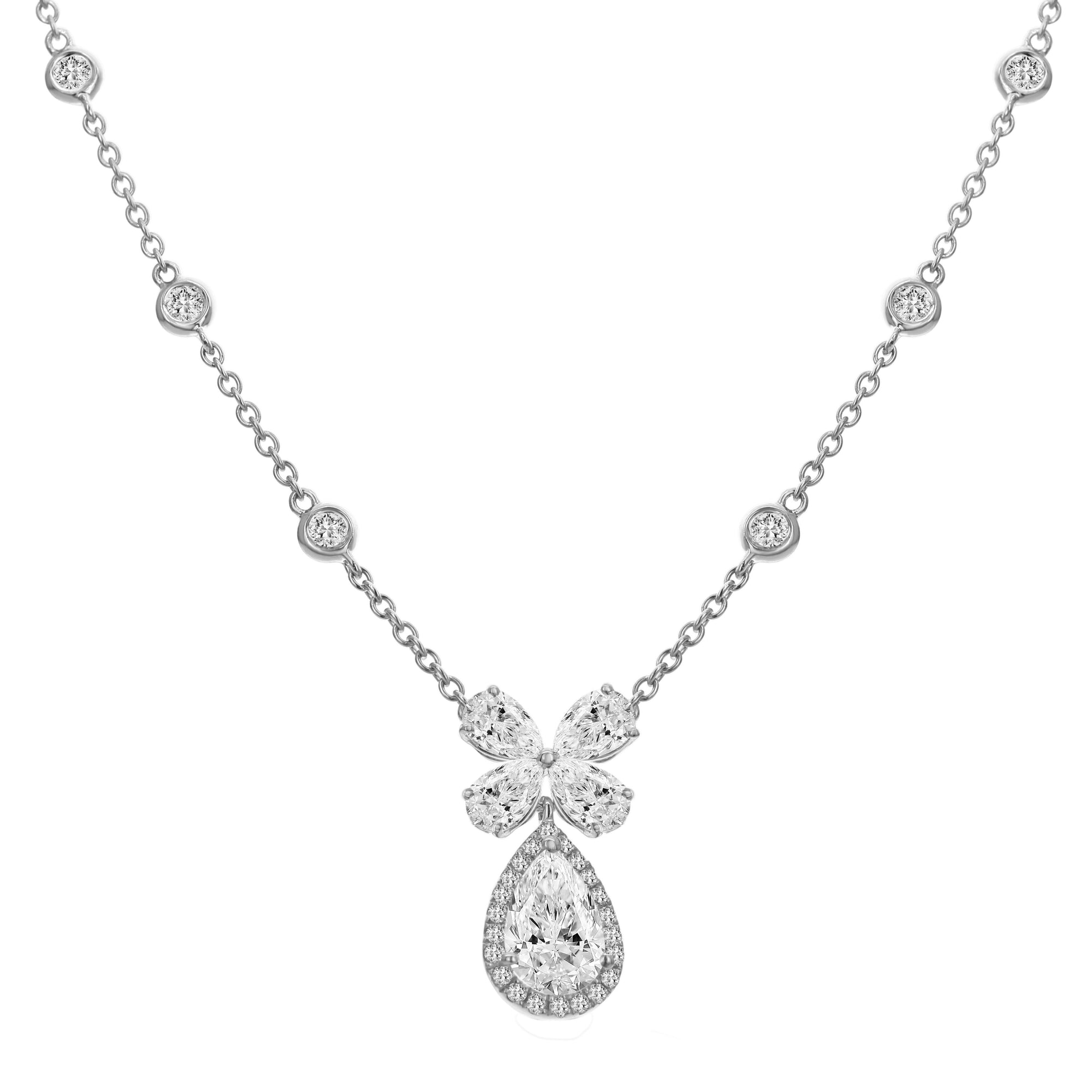 2 Stone Round and Pear Shape Diamond Necklace-White