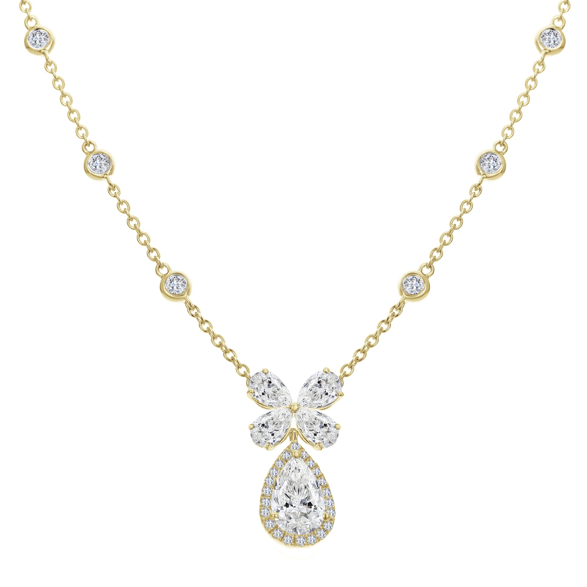 2 Stone Round and Pear Shape Diamond Necklace-Yellow