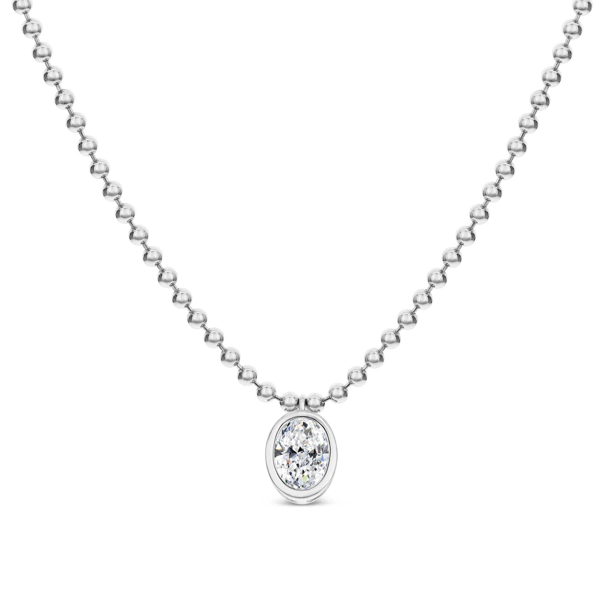 Bezel Set Oval Diamond Beaded Chain Necklace - White