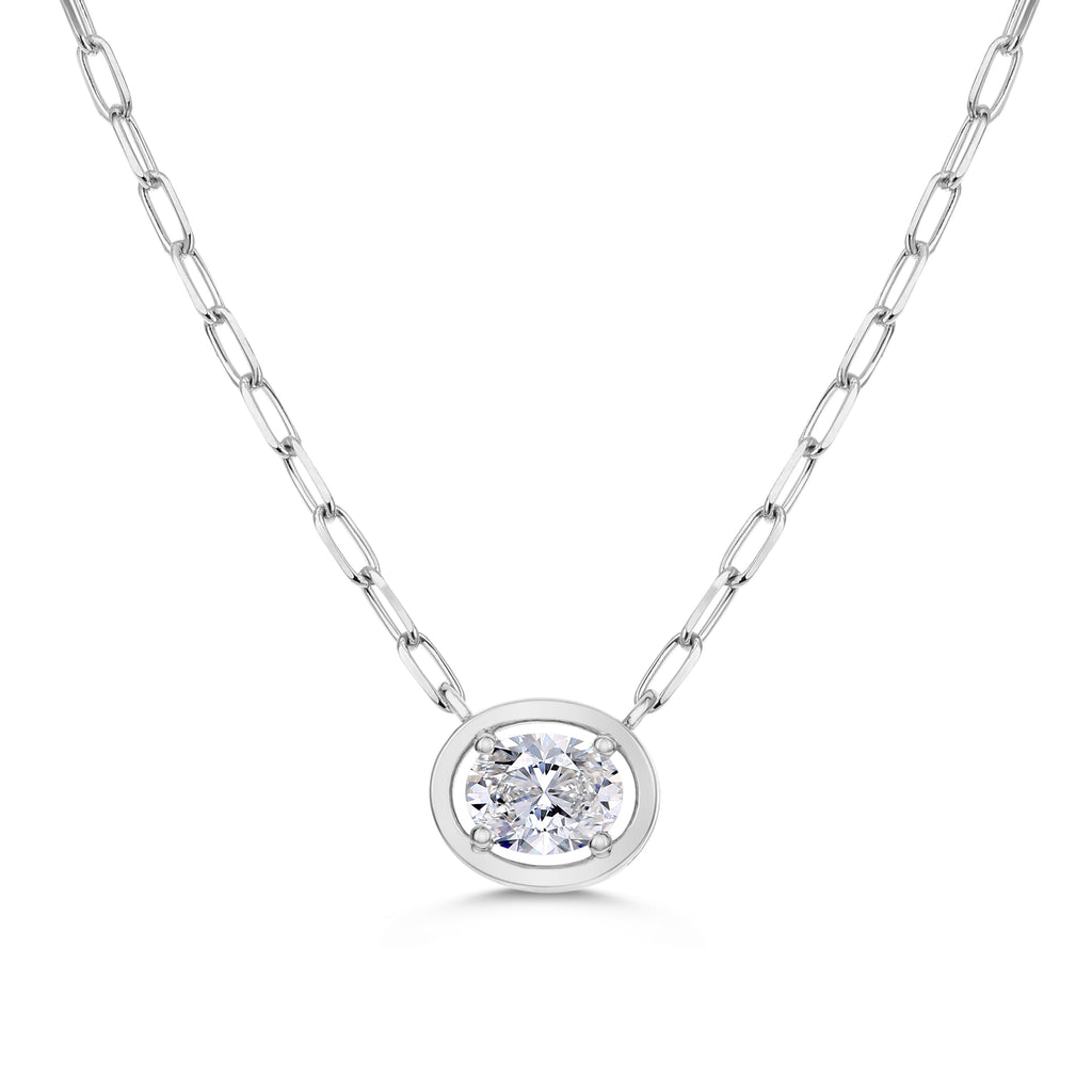 Bezel Set 1 Stone Oval Diamond Beaded Chain Necklace-White