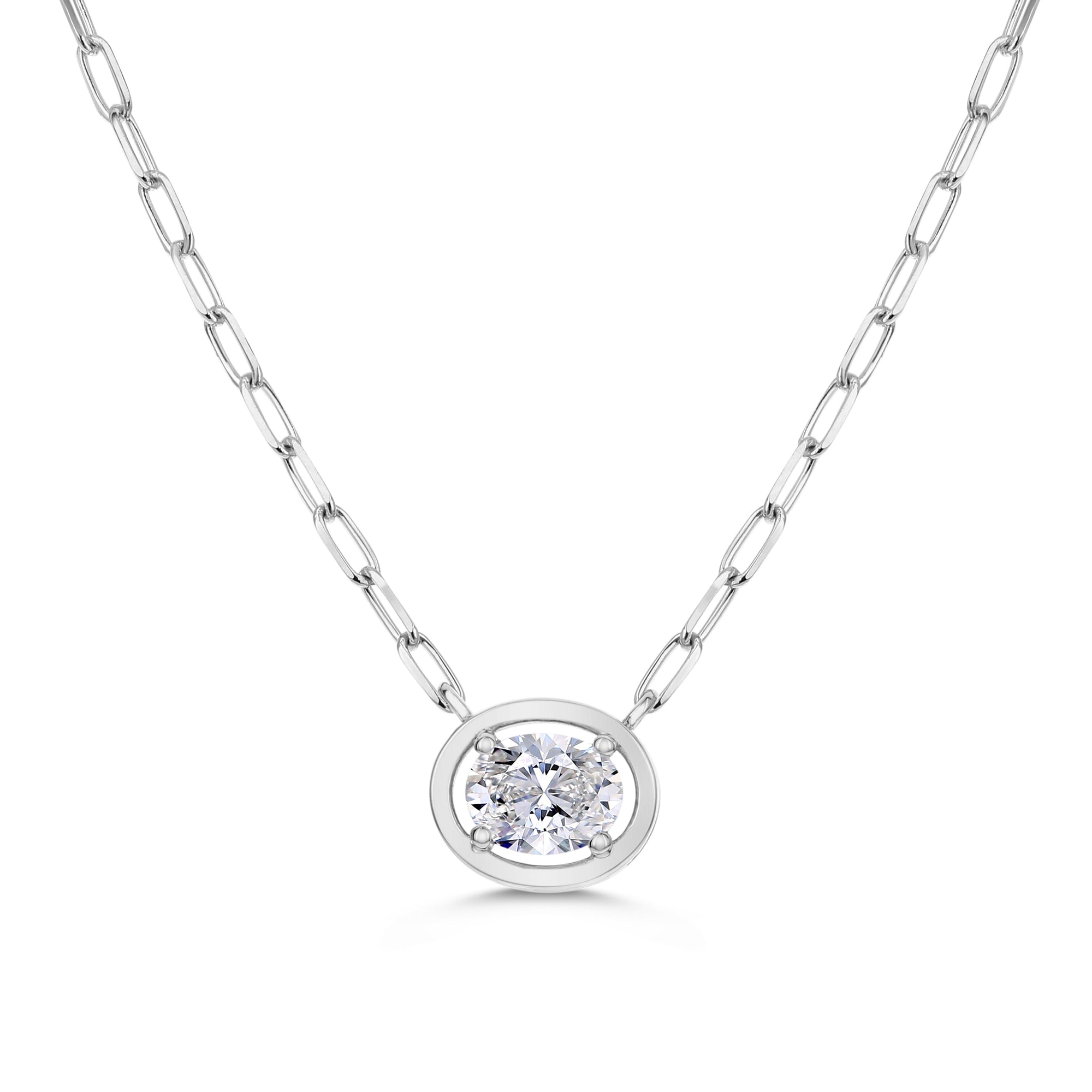 Bezel Set 1 Stone Oval Diamond Beaded Chain Necklace-White