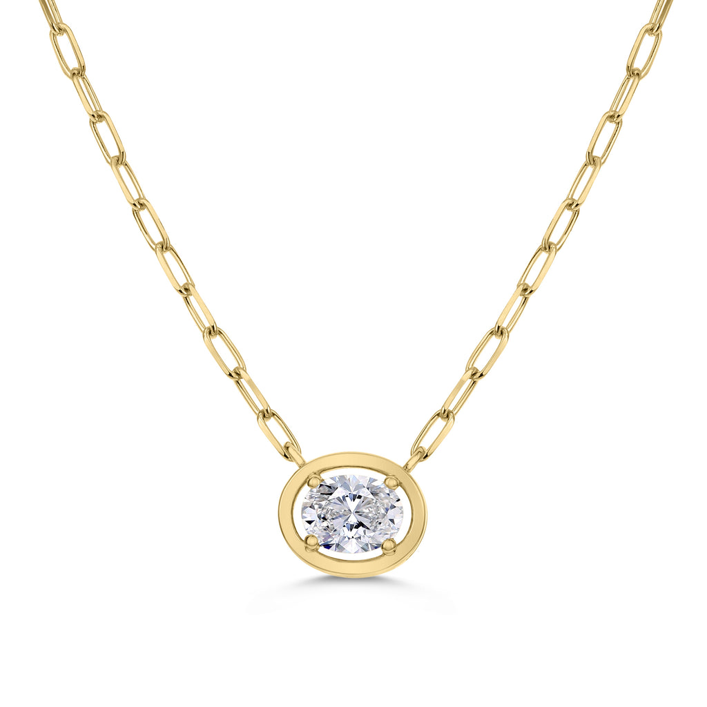 Bezel Set 1 Stone Oval Diamond Beaded Chain Necklace-Yellow