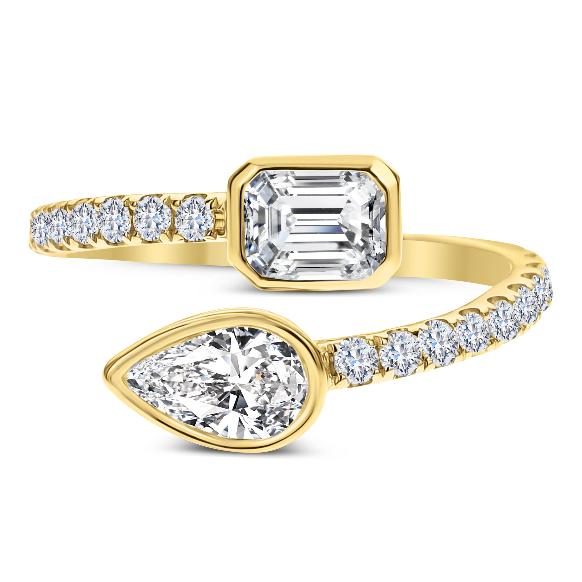 3 Stone Round, Emerald Cut and Pear Shape Diamond Ring-Yellow