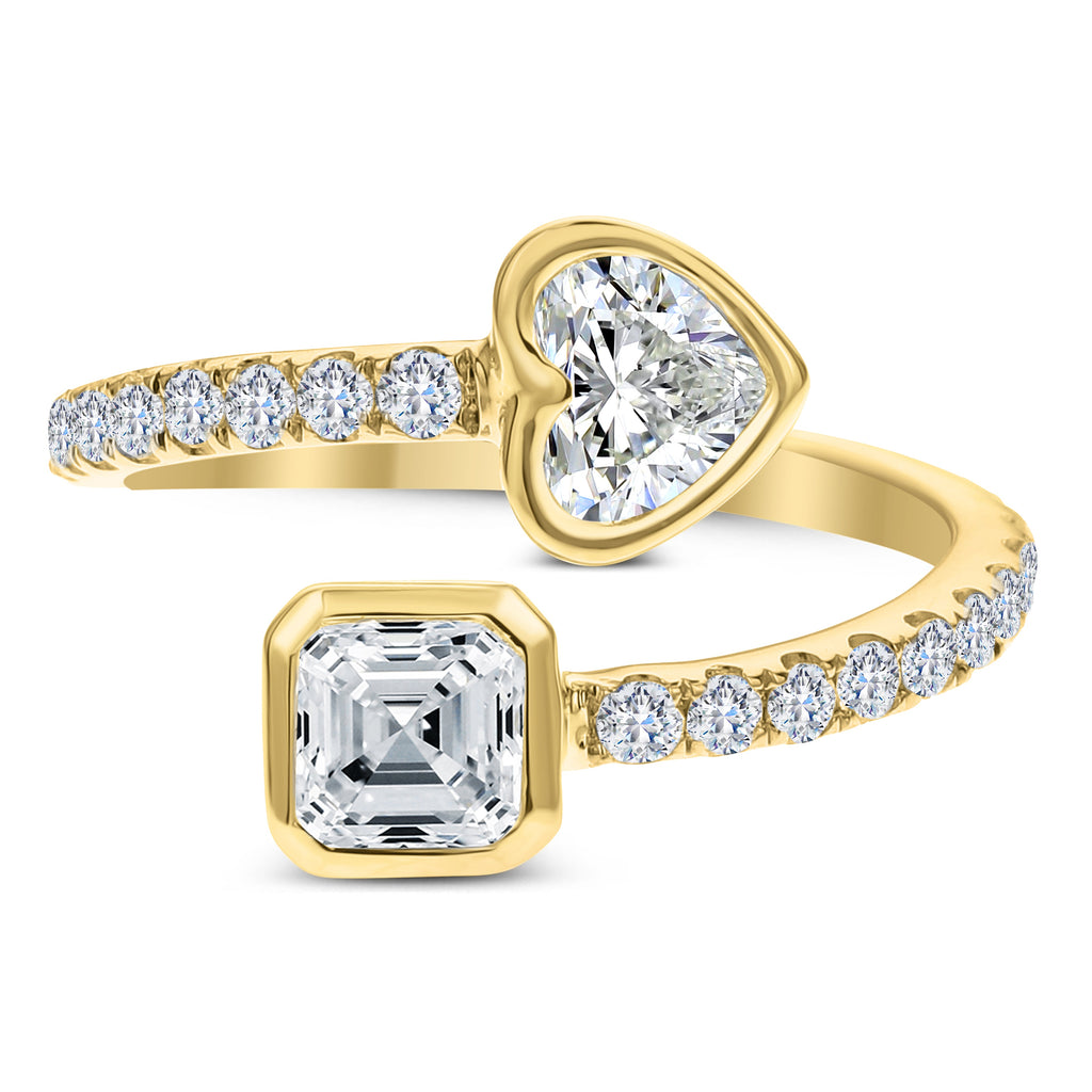 3 Stone Round, Heart Shape and Asscher Cut Diamond Ring-Yellow