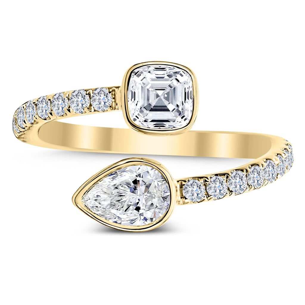 3 Stone Round, Asscher Cut and Pear Shape Diamond Ring-Yellow
