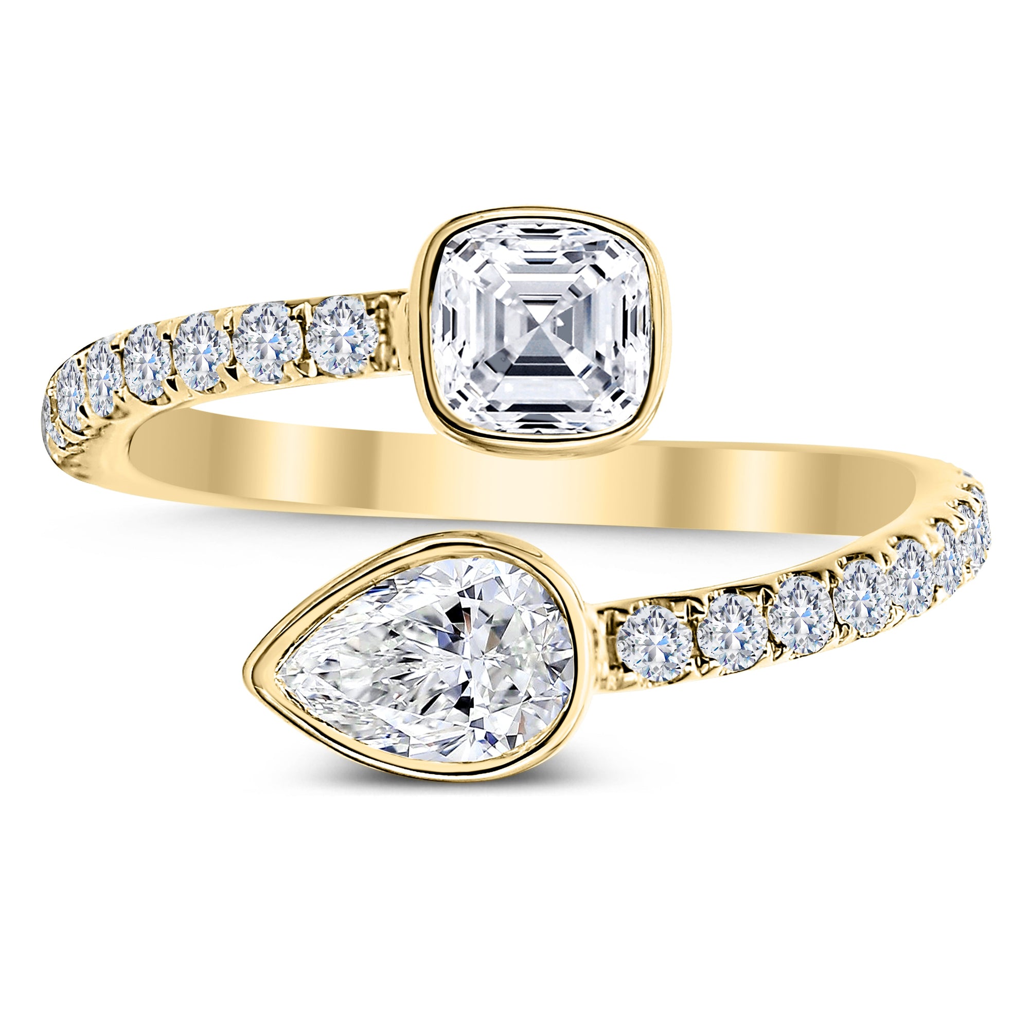 3 Stone Round, Asscher Cut and Pear Shape Diamond Ring-Yellow