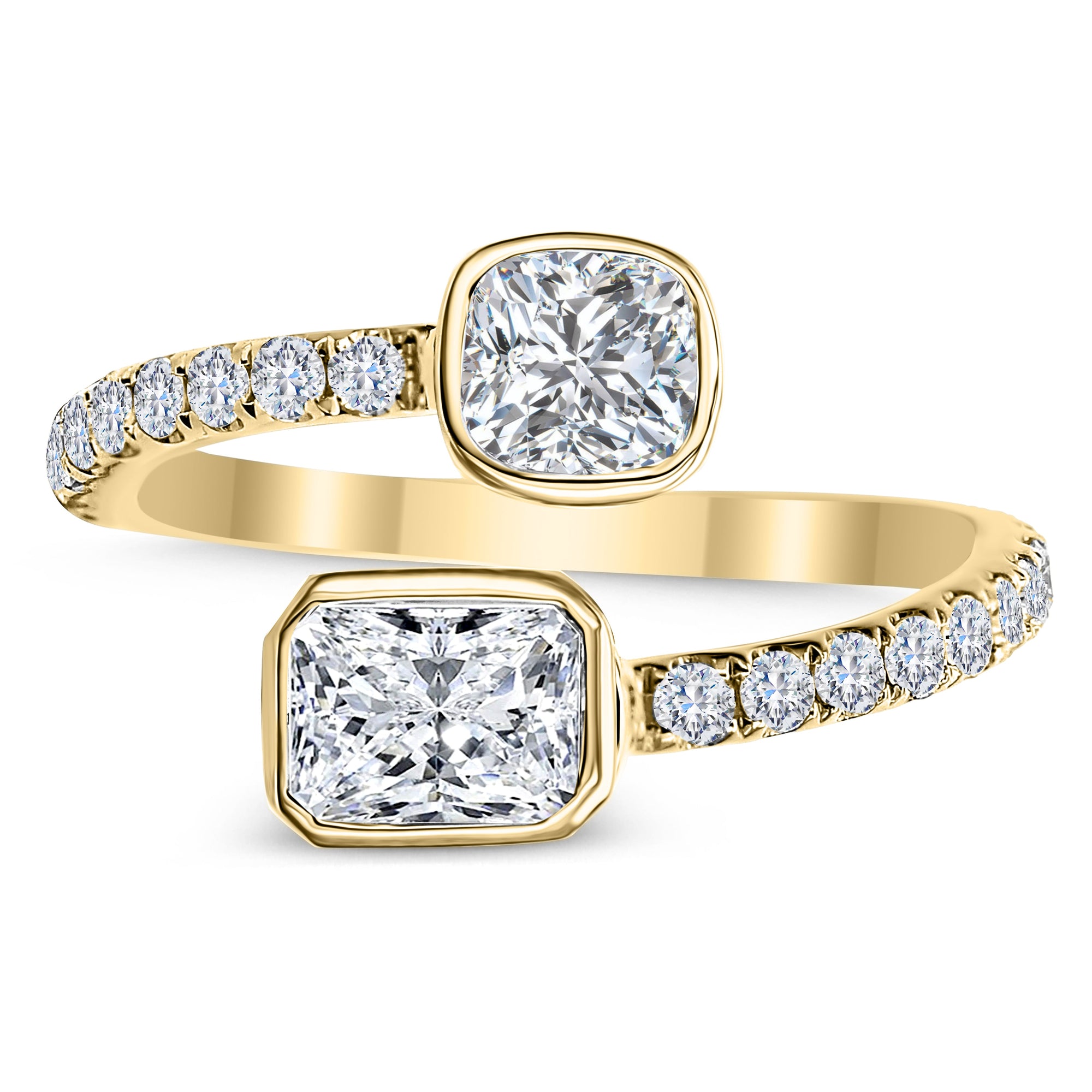 3 Stone Round, Cushion Cut and Radiant Diamond Ring-Yellow
