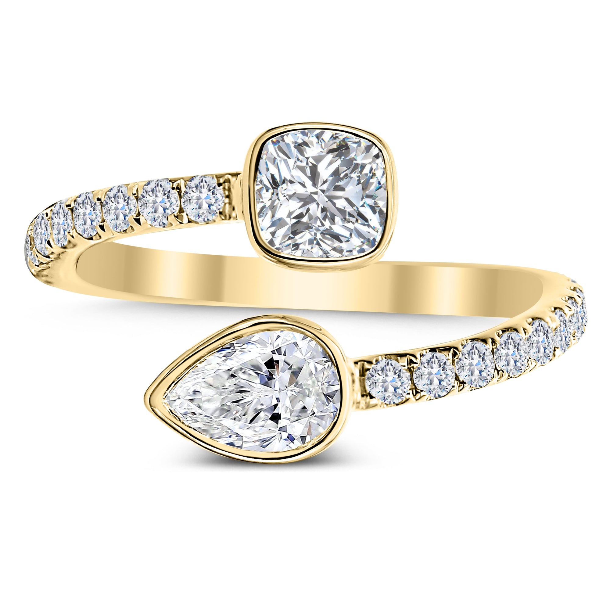 3 Stone Round, Cushion Cut and Pear Shape Diamond Ring-Yellow