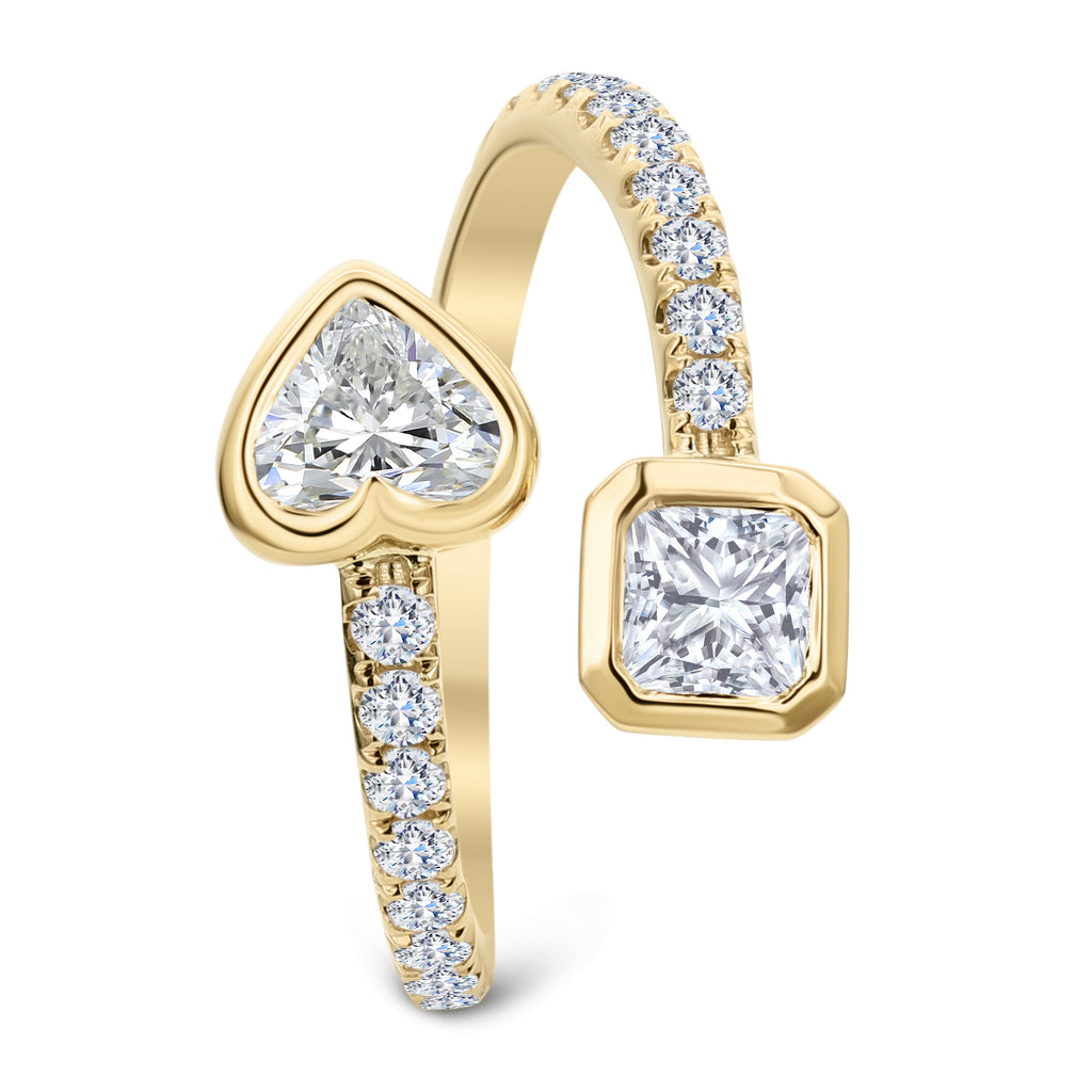 3-Stone Round Heart Shape & Cushion Cut Diamond Ring - Yellow