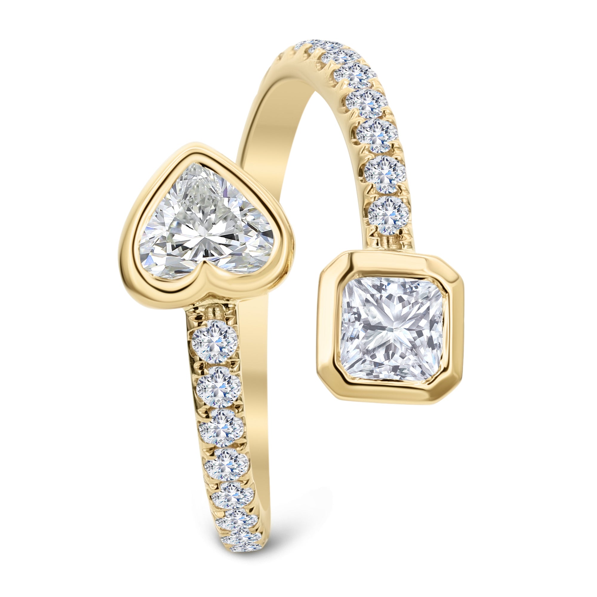 3-Stone Round Heart Shape & Cushion Cut Diamond Ring - Yellow