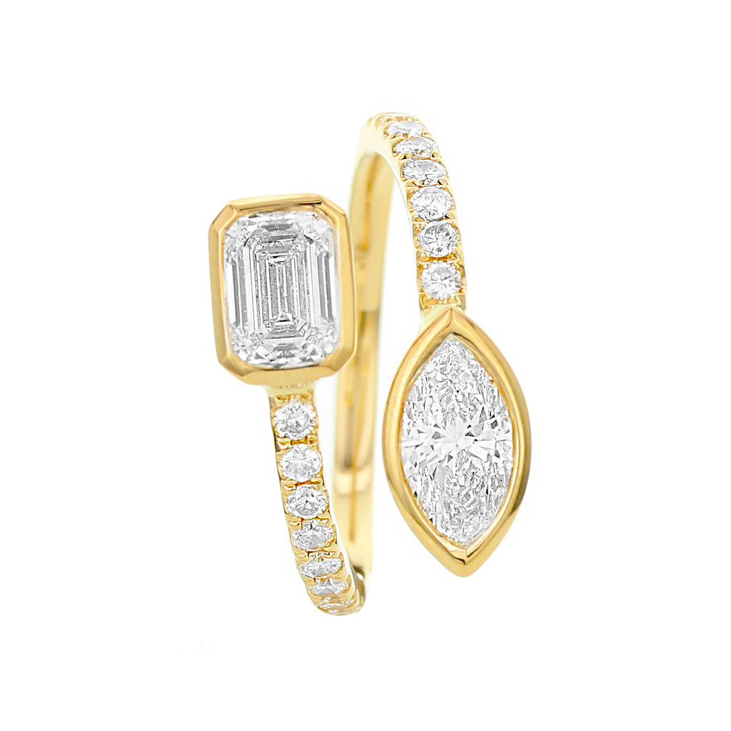 3 Stone Round, Emerald Cut and Marquise Diamond Ring-Yellow