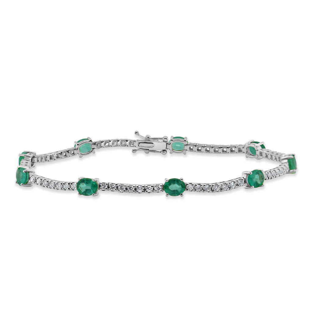 14K Gold Emerald & Diamond Station Tennis Bracelet - White