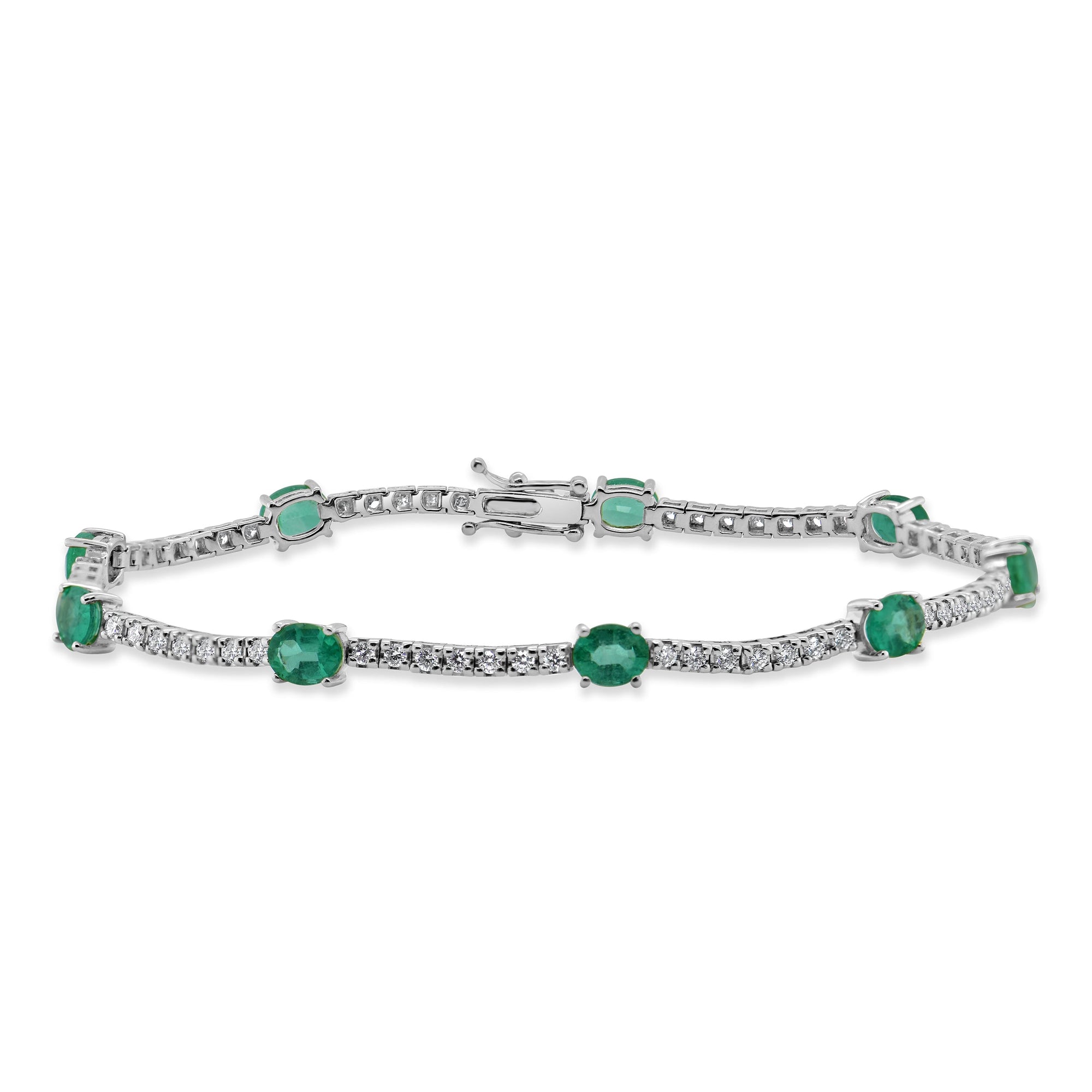14K Gold Emerald & Diamond Station Tennis Bracelet - White