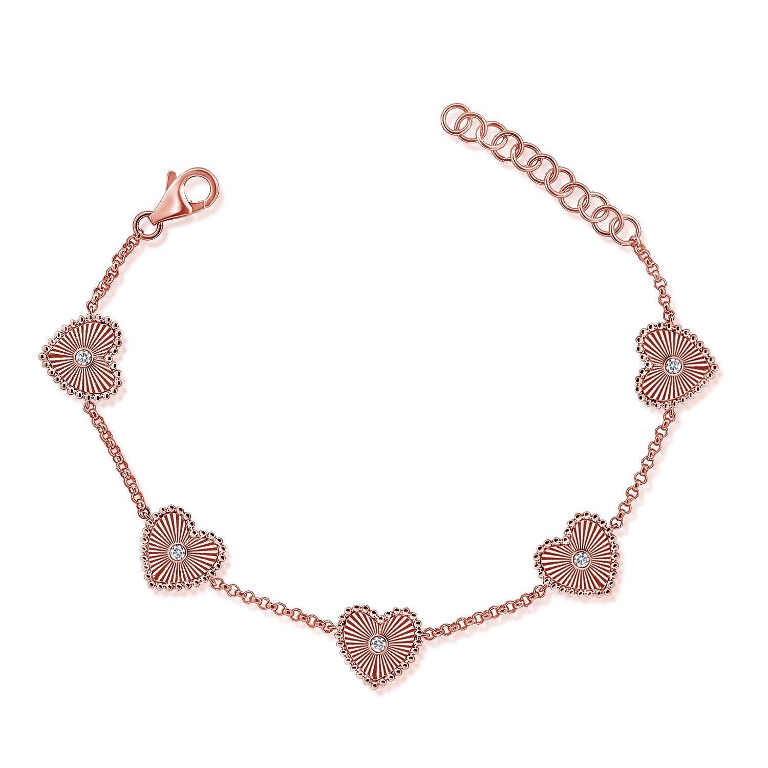 14K Gold & Diamond Fluted Heart Station Bracelet - Rose