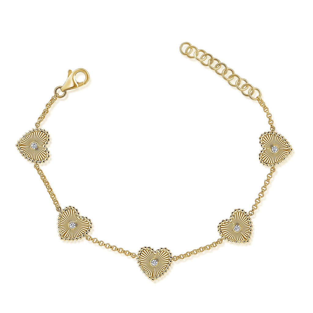 14K Gold & Diamond Fluted Heart Station Bracelet - Yellow