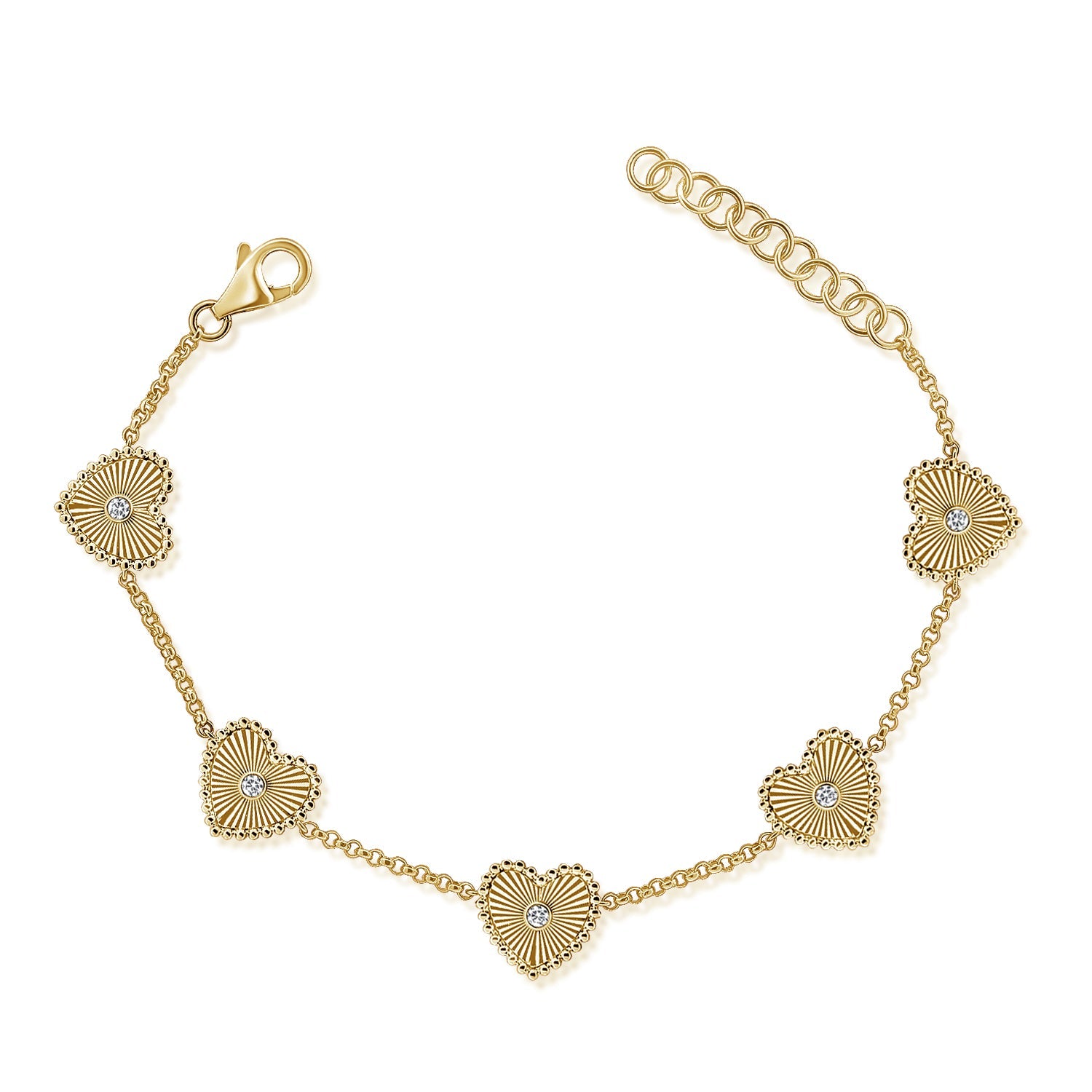 14K Gold & Diamond Fluted Heart Station Bracelet - Yellow