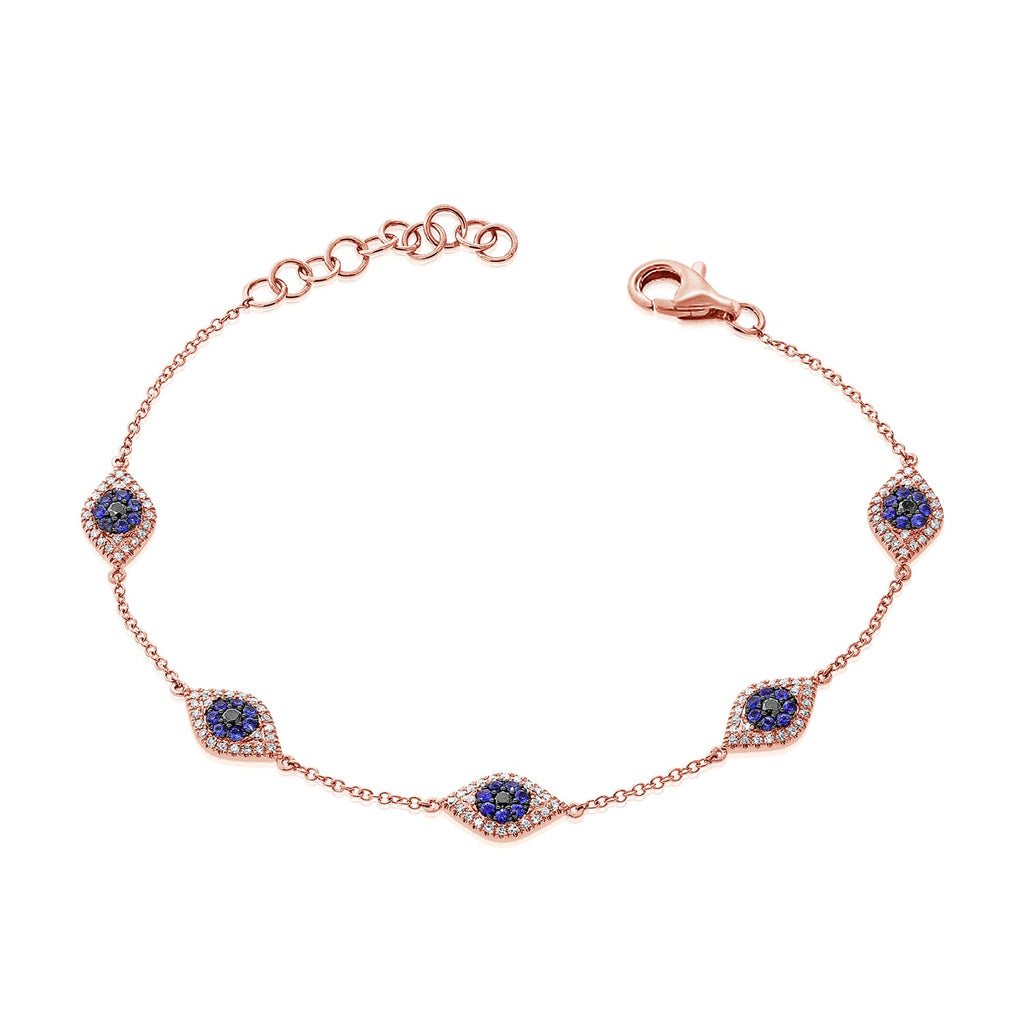14K Gold Diamond & Sapphire Evil Eye Station Bracelet-Rose