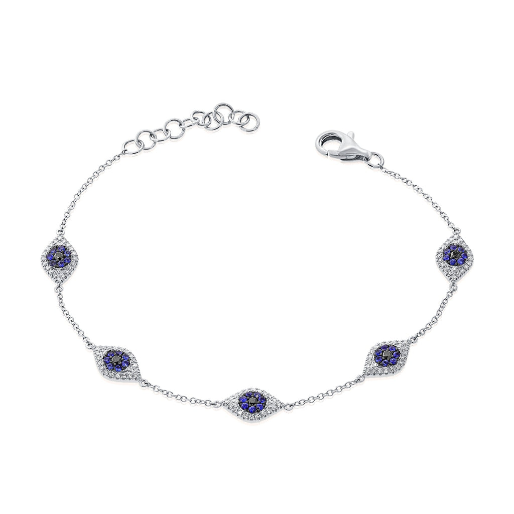 14K Gold Diamond & Sapphire Evil Eye Station Bracelet-White