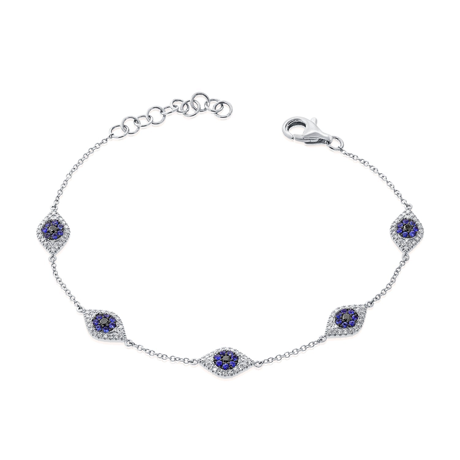 14K Gold Diamond & Sapphire Evil Eye Station Bracelet-White