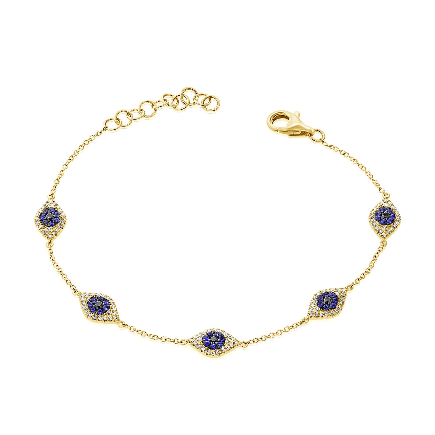 14K Gold Diamond & Sapphire Evil Eye Station Bracelet-Gold