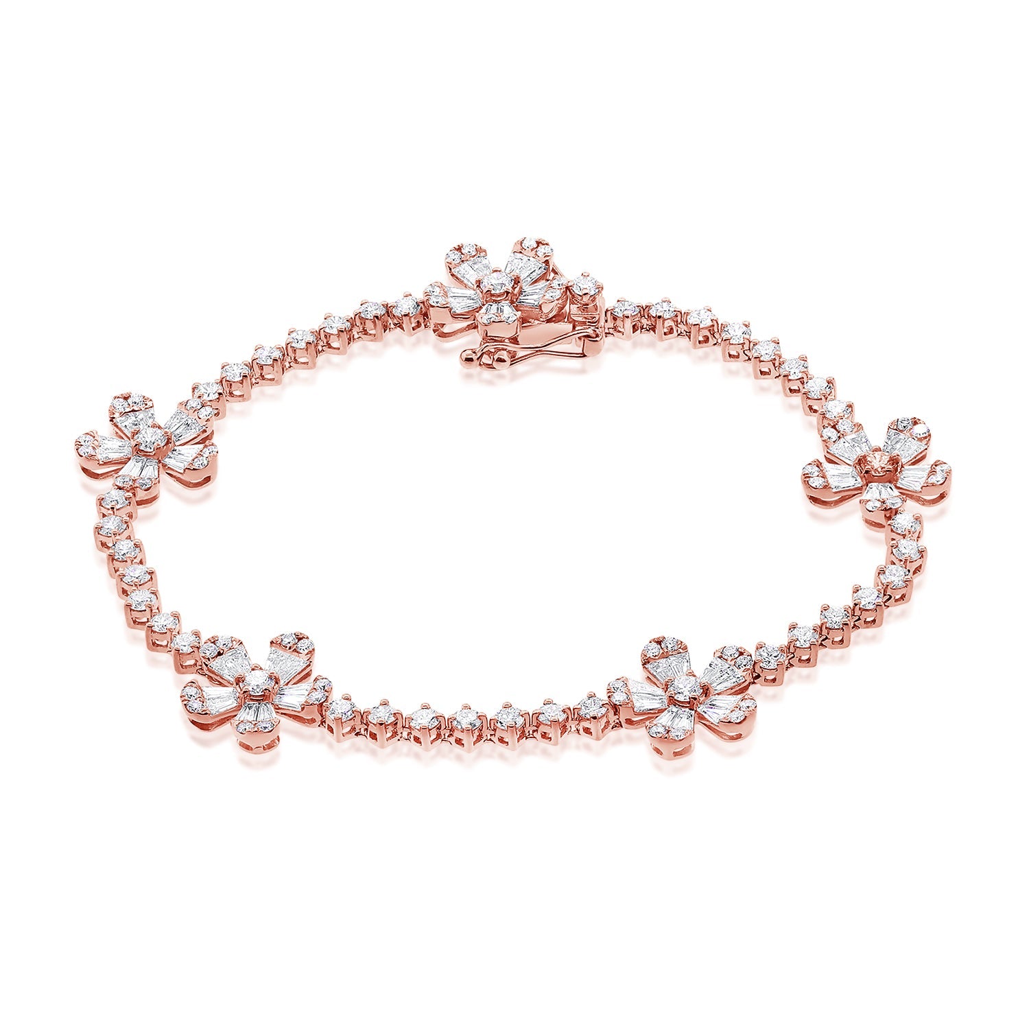 14K Gold & Diamond Flower Station Tennis Bracelet -Rose