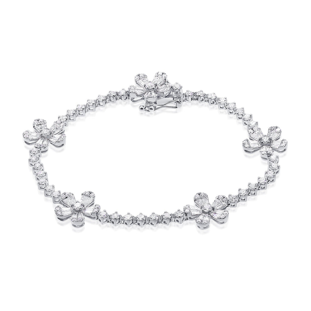 14K Gold & Diamond Flower Station Tennis Bracelet- White