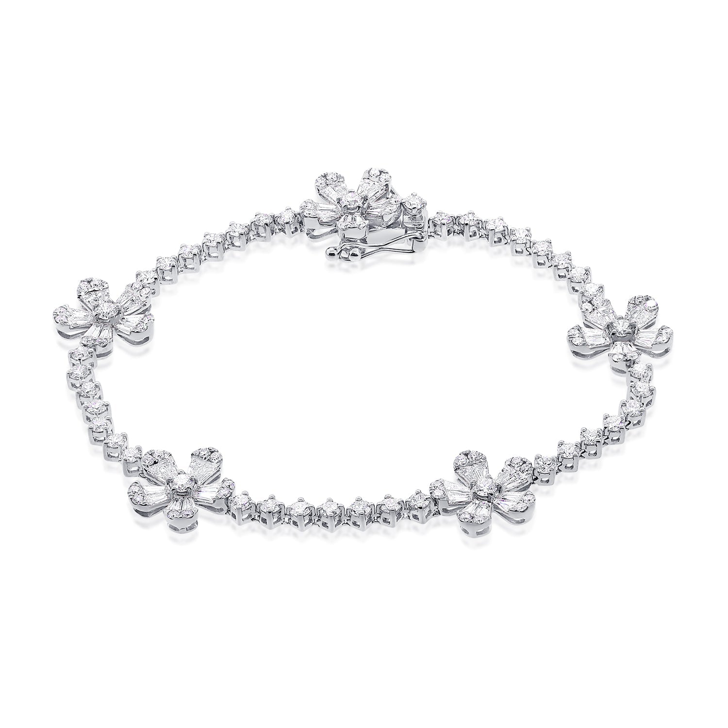 14K Gold & Diamond Flower Station Tennis Bracelet- White