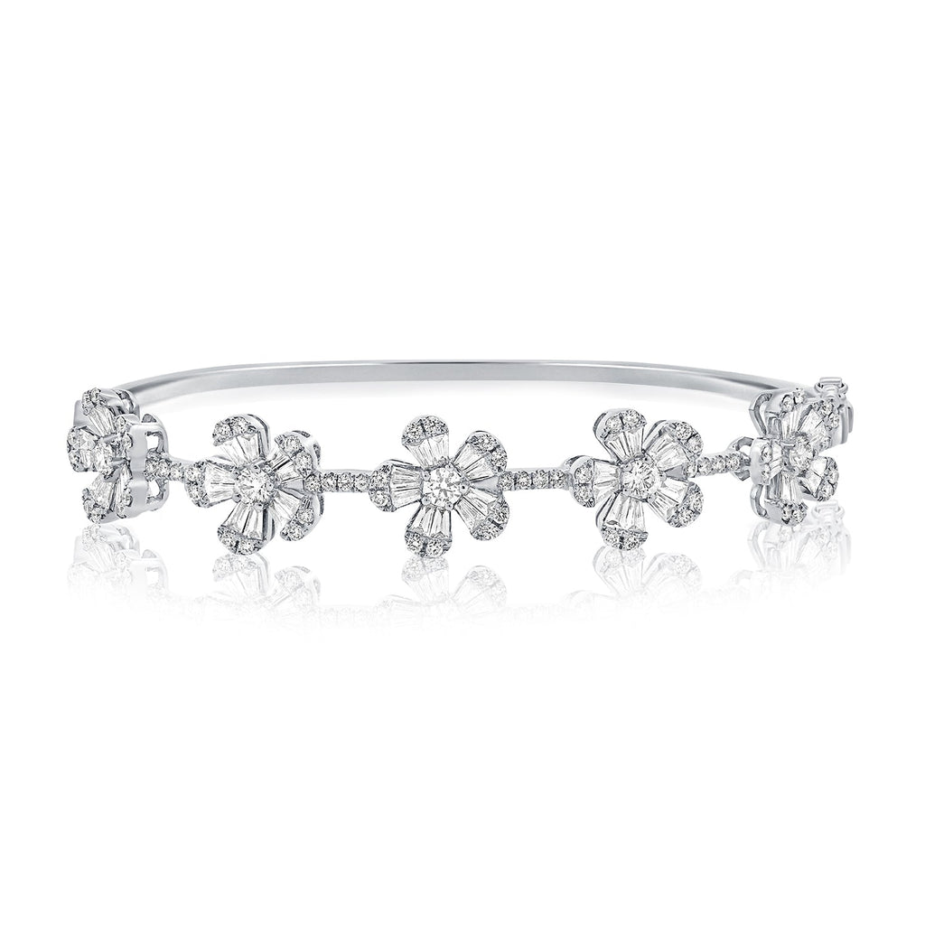 14K Gold Flower Station Diamond Bangle - White