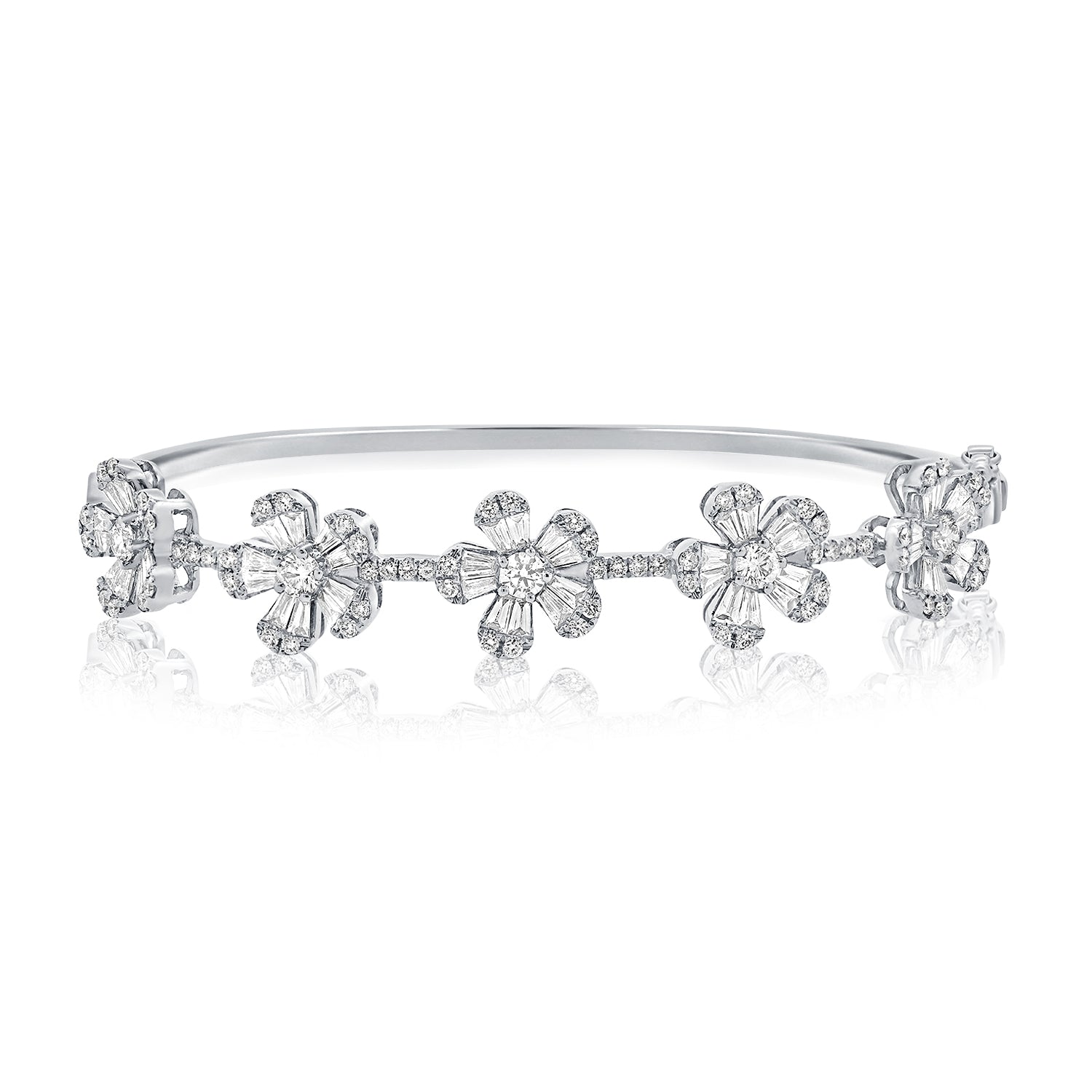 14K Gold Flower Station Diamond Bangle - White