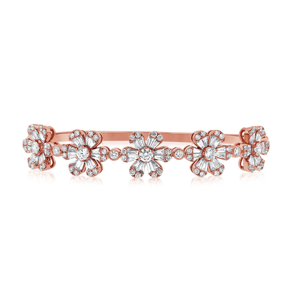 14K Gold Diamond 5-Station Flower Bangle-Rose