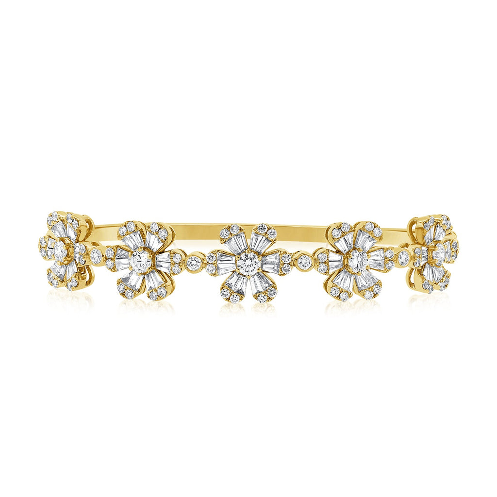 14K Gold Diamond 5-Station Flower Bangle-Yellow