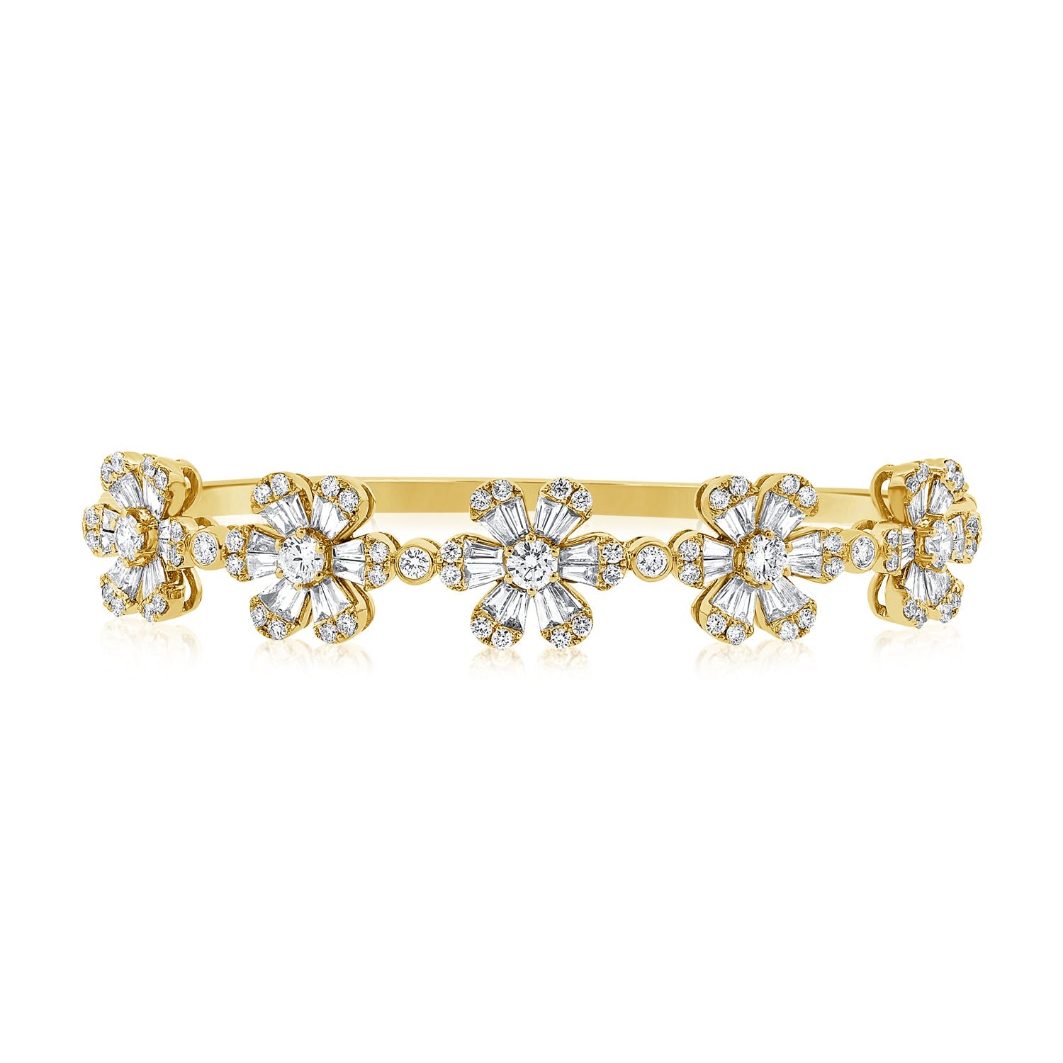 14K Gold Diamond 5-Station Flower Bangle-Yellow