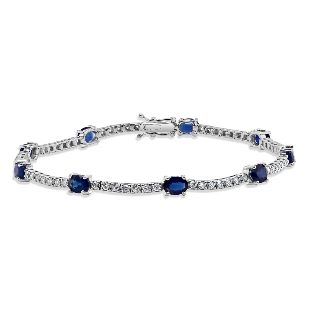 14K Gold Blue Sapphire & Diamond Station Tennis Bracelet - White