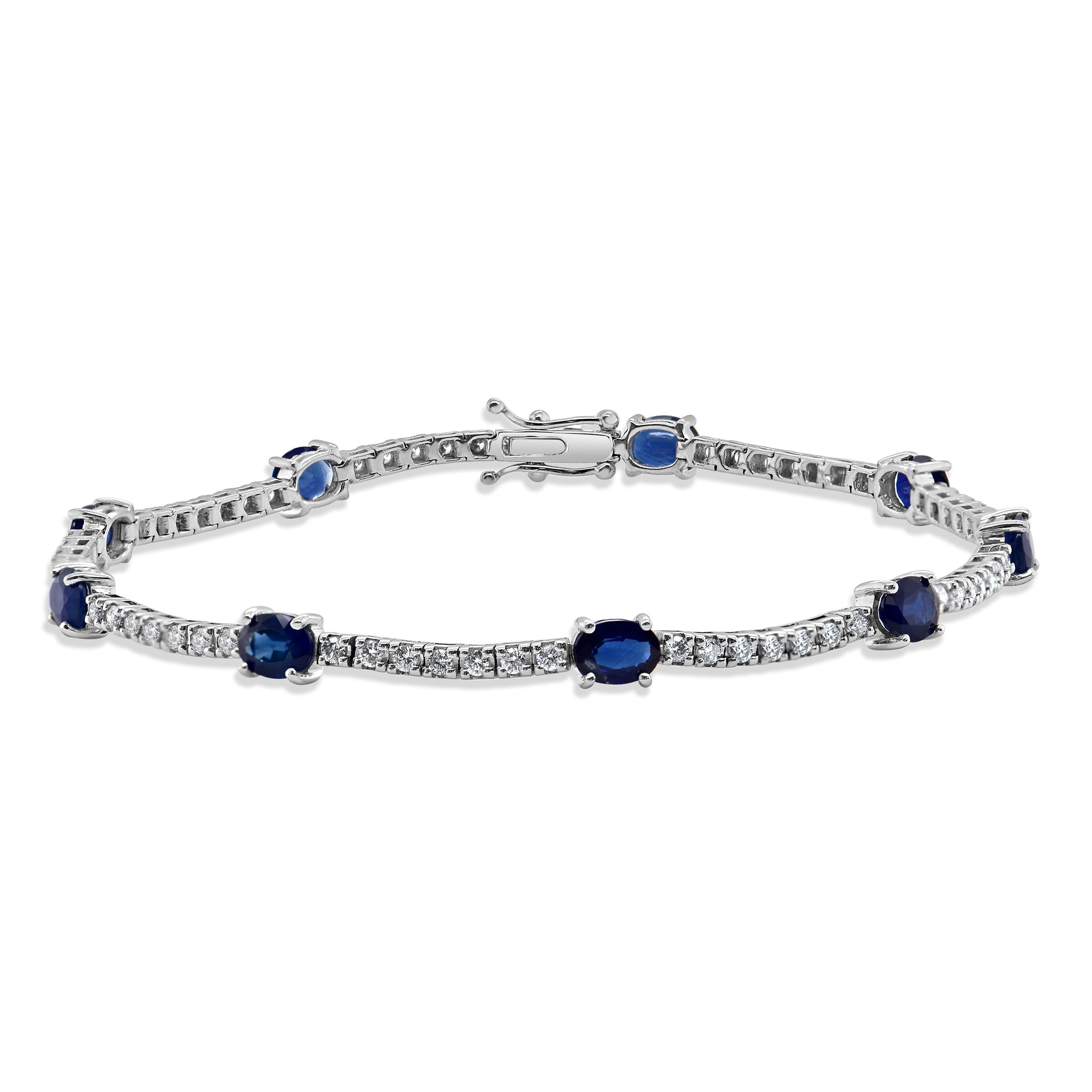 14K Gold Blue Sapphire & Diamond Station Tennis Bracelet - White