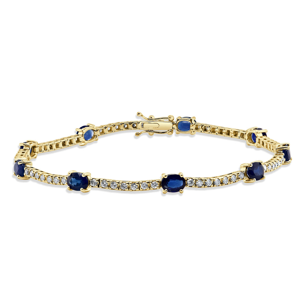 14K Gold Blue Sapphire & Diamond Station Tennis Bracelet - Yellow