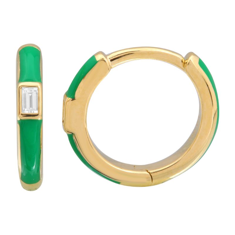 14K Gold Green Enamel Baguette Huggie Earrings