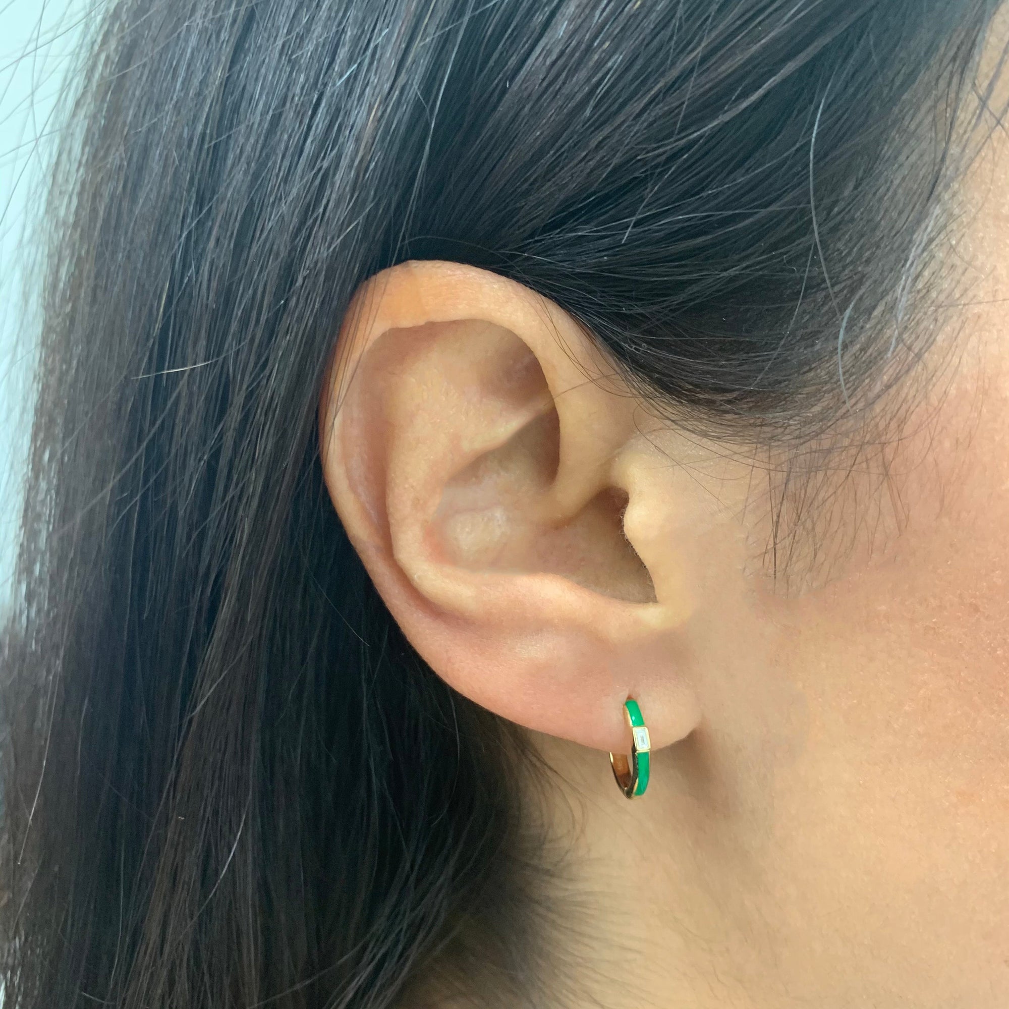 14K Gold Green Enamel Baguette Huggie Earrings