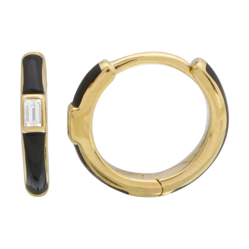 14K Gold Onyx Enamel Baguette Huggie Earrings