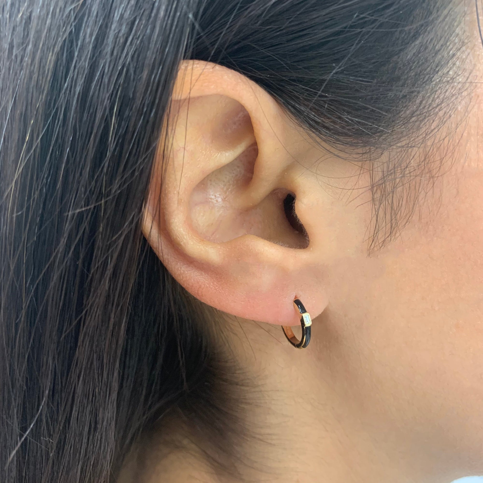 14K Gold Onyx Enamel Baguette Huggie Earrings