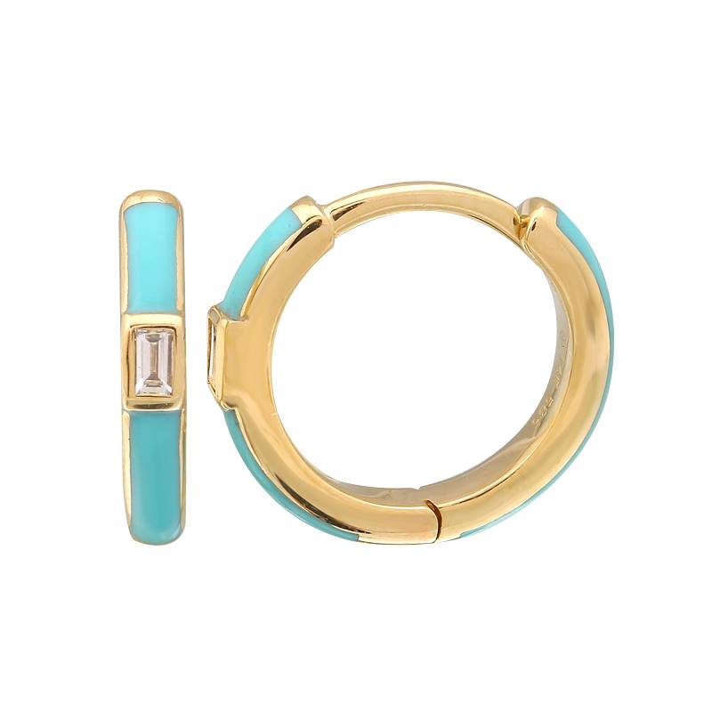 14K Gold Turquoise Enamel Baguette Huggie Earrings